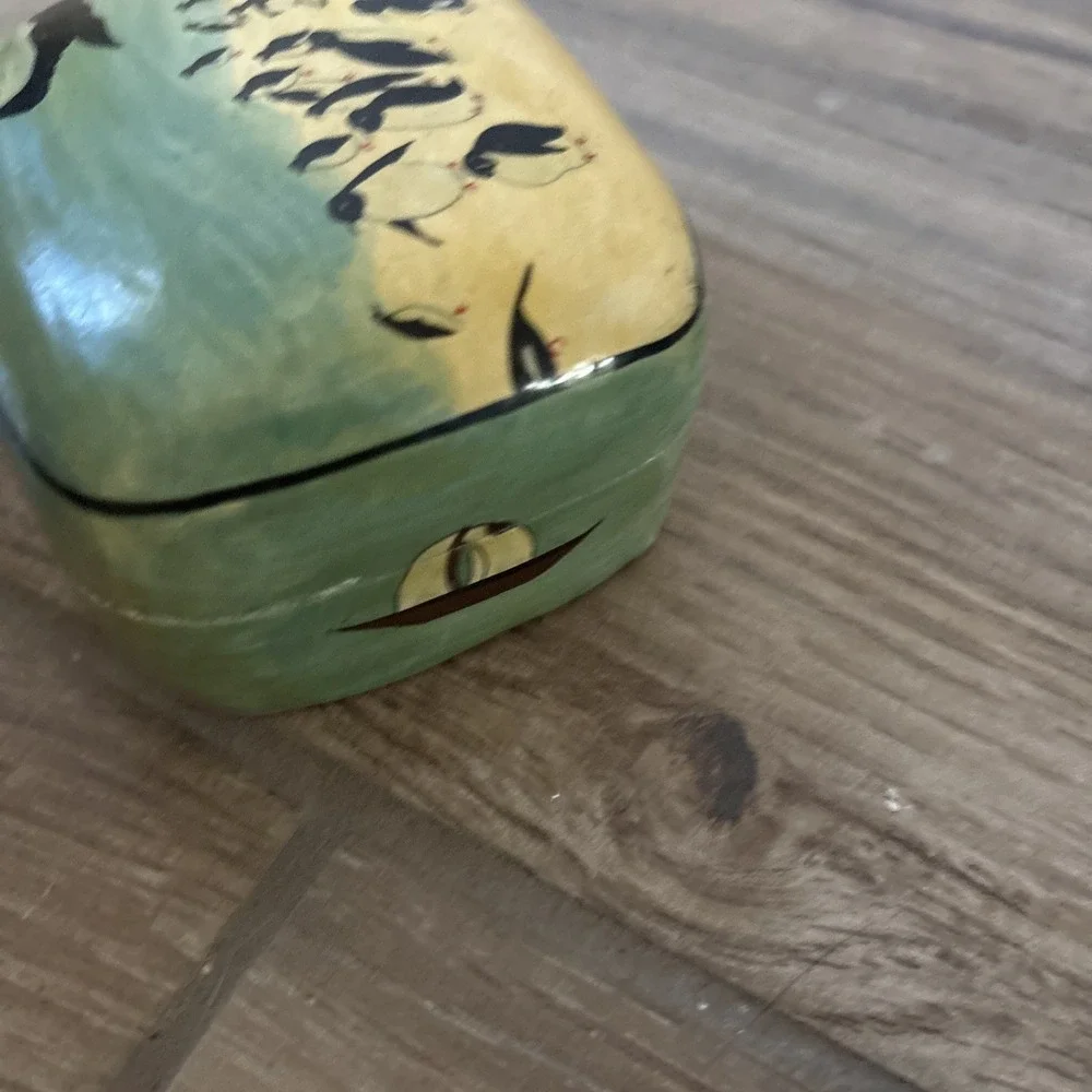 Vintage Paper Mache Trinket Box Blue White Penguins